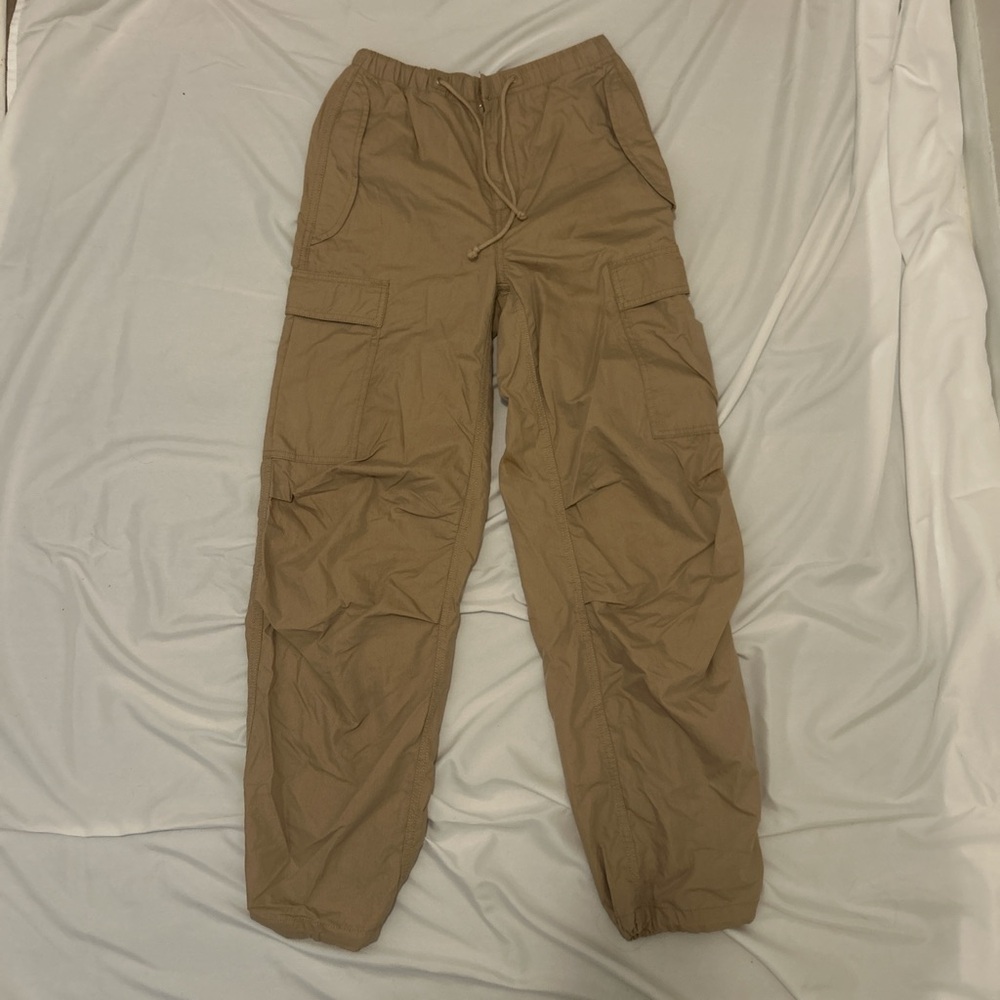 Aritzia Tan Cargo Pants with Relaxed Fit, Tie Waistband and Adjustable Ankles